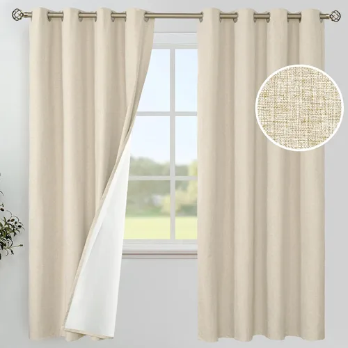 Miniatura 17 de YoungsTex - Cortinas de lino beige 100% opacas para dormitorio de 63 pulgadas de largo, cortinas cortas con aislamiento térmico y ojales