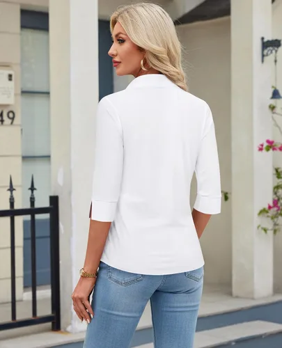 Miniatura 2 de siliteelon Camisas con botones para mujer, manga 3/4, elástica, ajustada, sin arrugas, cuello para negocios, trabajo, tops