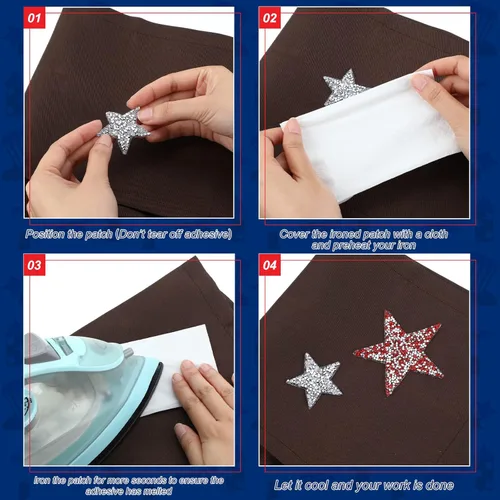 Miniatura 3 de Syhood 32 parches patrióticos de estrellas para planchar con purpurina y diamantes de imitación, apliques para decoración del día de los Caídos