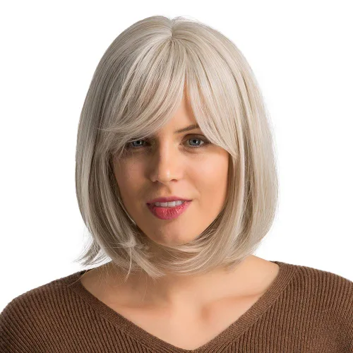 EMMOR Peluca blanca con flequillo, pelucas cortas rubias estilo Bob para mujer, resistentes al calor, pelucas de fibra sintética cremosa color