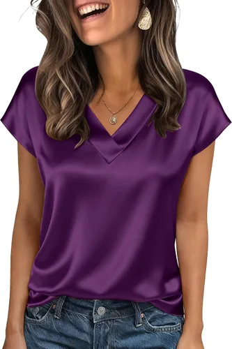 Miniatura 17 de Zeagoo - Camisetas de mujer de satén de seda, tops de manga corta con cuello en V, blusas para negocios y conjuntos casuales, talla S-2XL