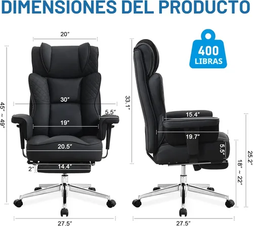 Miniatura 2 de Silla de oficina grande y alta, silla reclinable ergonómica de cuero con reposapiés, cómodas sillas de escritorio ejecutivas para computadora