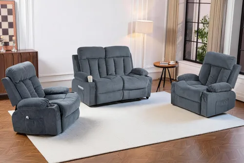 Juego de sofá reclinable manual, 3 piezas con bolsillos laterales, portavasos para cine en casa, oficina (azul, sofá biplaza+silla)