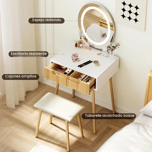 Miniatura 3 de Tocador pequeño con espejo y luces, tiradores de madera con taburete acolchado, 3 modos de iluminación, mesa redonda de maquillaje con rieles
