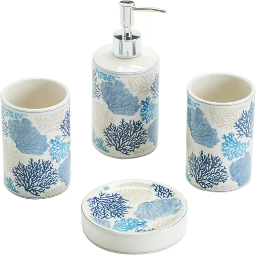 Miniatura 2 de Juego de accesorios de baño de coral azul, porcelana, decoración de baño costero, dispensador de jabón, soporte para cepillo de dientes, bandeja