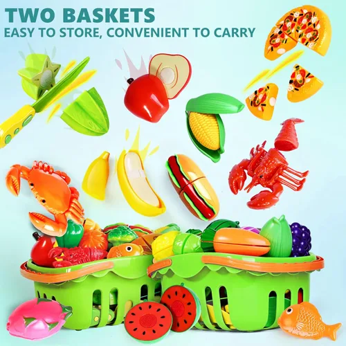 Miniatura 4 de 100 PIEZAS Juego de Comida de Simulación para Cocina de Juguete para Niños, Accesorios de Juguete de Comida de Cocina con 2 Canastas, Comida Verde
