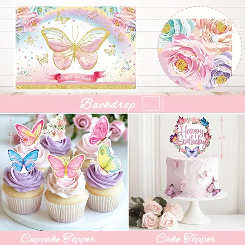 Miniatura 5 de Hombae Decoraciones de cumpleaños de mariposas, decoraciones de fiesta de mariposa rosa, suministros de cumpleaños de flores, juego de vajilla