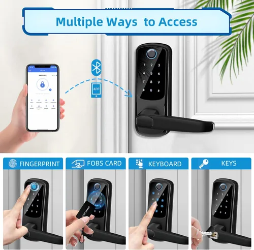 Miniatura 2 de Cerradura de puerta inteligente con asa, cerradura digital de entrada sin llave para puerta delantera/interior, cerraduras exteriores de huellas