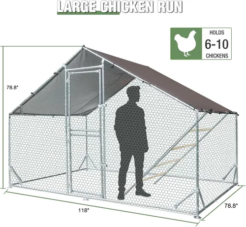 Miniatura 7 de Gallinero grande de metal con cubierta impermeable, jaula para aves de corral para caminar al aire libre con perca de gallo, corralito