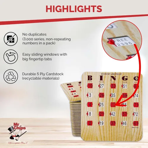 Miniatura 5 de MR CHIPS Tarjetas de bingo a prueba de atascos con ventanas deslizantes, 50 tarjetas de obturador reutilizables, 75 tarjetas de llamadas, 1 tablero