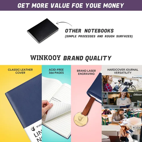 Miniatura 6 de Winkooy Cuaderno rayado, 366 páginas, 100 g/m² cuadernos con tapa dura de cuero para escribir, cuaderno clásico rayado A5 grueso para la universidad