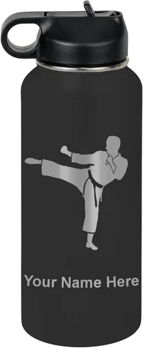 Miniatura 49 de Botella de agua personalizada LaserGram, Karate Man, de acero inoxidable con doble pared aislada al vacío con tapa abatible, regalo personalizado