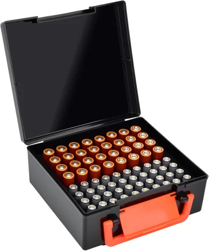 FULLCASE Organizador de almacenamiento de baterías con soporte para 72 pilas AA AAA, cajas contenedor para garaje, organizador para cajones del Negro