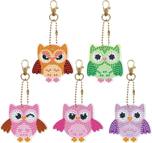 Miniatura 10 de 5pcs DIY 5D colorido búho diamante pintura llavero kits doble cara búho diamante arte llavero llavero