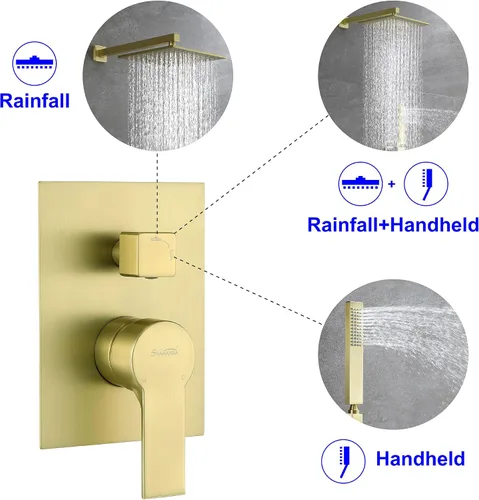 Miniatura 4 de SHAMANDA Sistema de ducha de lluvia de latón, juego de grifo de ducha de baño de lujo en oro cepillado (incluye cuerpo de válvula rugosa y moldura)