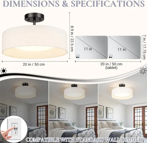 Miniatura 12 de Hamilyeah Lámpara de techo semiempotrada con pantalla de tela blanca, lámparas LED de 12 pulgadas para montaje en techo, lámpara de techo LED