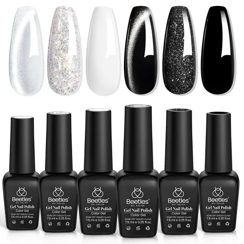 Miniatura 9 de Beetles - Juego de esmaltes de gel blanco y negro, 6 colores plateados, ojo de gato, purpurina brillante con imán, arte de uñas UV LED, hogar, salón