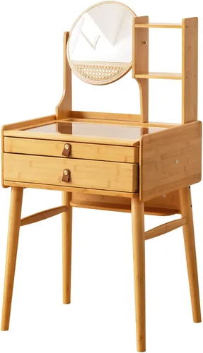 Tiita Escritorio de tocador, mesa de tocador de maquillaje con espejo, tocador con 2 cajones, moderna madera para dormitorio, tocador vintage para
