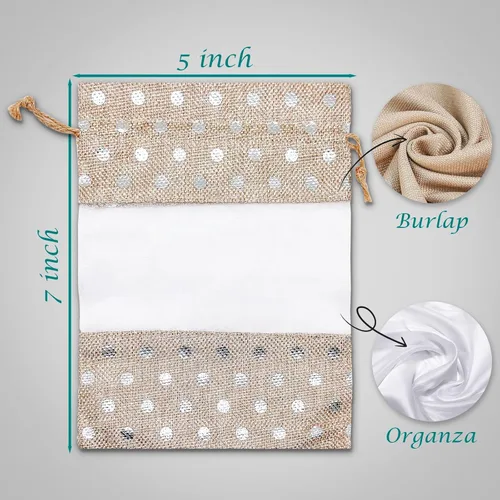 Miniatura 3 de Paquete de 12 bolsas de regalo medianas de lino, arpillera y organza con cordones (5x7 pulgadas, beige / lunares plateados) - Recuerdos de fiesta