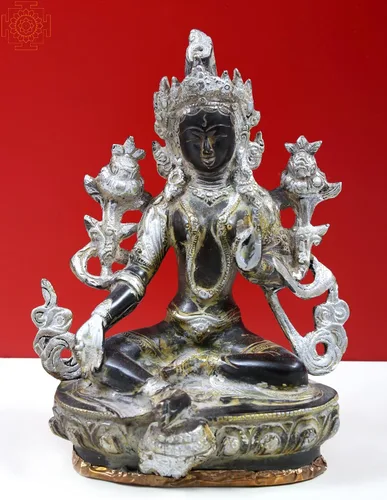 Miniatura 7 de Exotic India Tara verde, quien te salva (deidad budista tibetana) - Estatua de latón - Color increíble color negro verde dorado