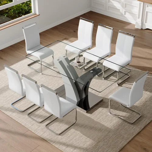 Miniatura 14 de Juego de mesa de comedor de cristal para 6, juego de mesa de cocina de 71 pulgadas para 6, juego de mesa de comedor grande con sillas de piel