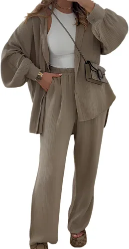 Fordeal Conjunto de dos piezas para mujer, camisa de manga larga con botones y pantalones plisados