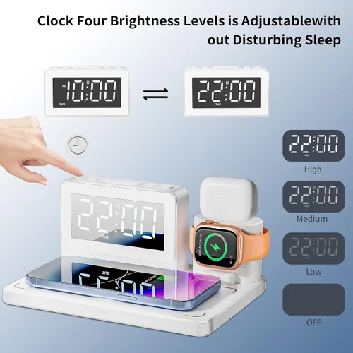 Miniatura 7 de Estación de carga rápida inalámbrica, reloj despertador 7 en 1 con soporte de cargador inalámbrico, base de carga para Apple, para múltiples Negro