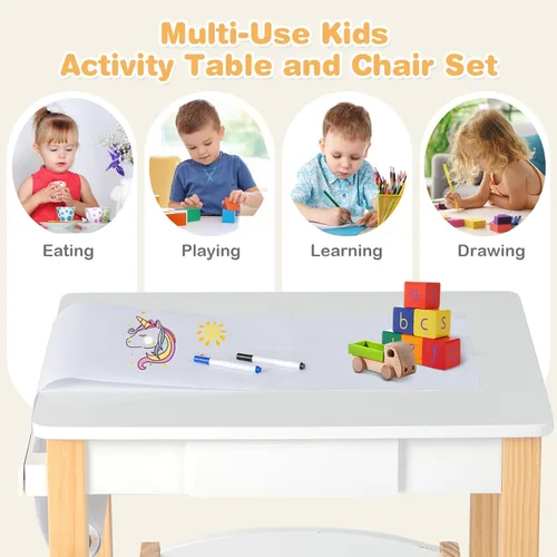 Miniatura 4 de HONEY JOY Juego de mesa y silla para niños, escritorio de madera y silla con cajón, portarollos de papel y 2 bolígrafos, juego de mesa de blanco 1