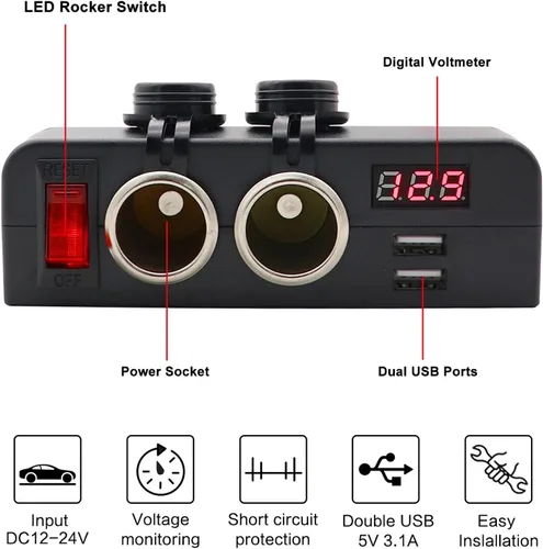 Miniatura 4 de Cargador de enchufe USB dual y adaptador divisor de encendedor de cigarrillos de salida de 12 V dual con voltímetro LED y interruptores de Adaptador