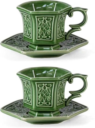 Miniatura 19 de KAMMAK - Juego de 2 tazas de té y platillos, tazas de café de porcelana, tazas de espresso apilables de 6.8 onzas, demitasses de cerámica para café