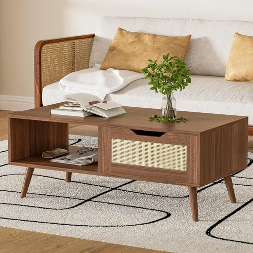 Miniatura 9 de DIYART Mesa de centro marrón, mesa de centro moderna de mediados de siglo con cajón y estante, mesa consola simple de madera de 39 pulgadas