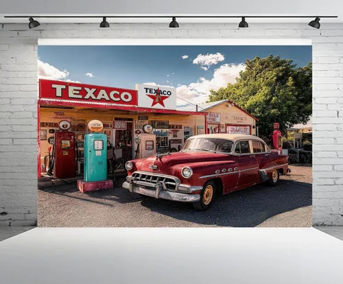Miniatura 2 de Telón de fondo retro para gasolinera de 5 x 3 pies, ruta temática clásica, 66, estación de servicio, bombas de gas, coche retro, tienda Texaco