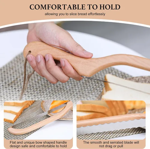 Miniatura 4 de Cortador de pan de arco premium, cuchillo de pan de masa madre con mango de bambú de 15.6 pulgadas, hoja dentada de acero inoxidable de grado