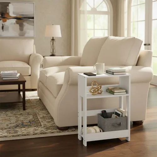 Miniatura 7 de Mesa auxiliar estrecha de 3 niveles, mesa auxiliar delgada y mesita de noche para espacio pequeño, color blanco Marrón rústico