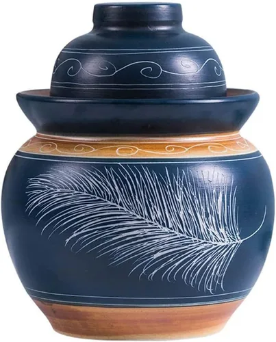Tarro de encurtidos de porcelana china tradicional azul, olla de fermentación de cerámica, tarro de fermentación con tapa de bloqueo de aire,