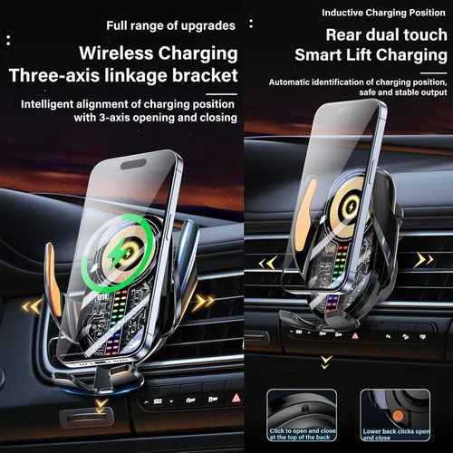 Miniatura 10 de Soporte inalámbrico para teléfono de automóvil de 15 W, sujeción de detección automática de 3 ejes, rotación de 360°, soporte de teléfono de carga