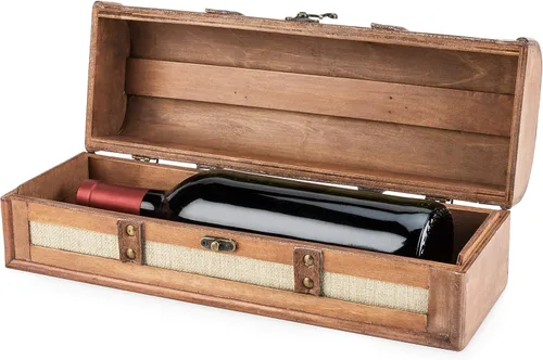 Miniatura 8 de Twine Caja de regalo vintage para botella de vino, caja de vino de madera con tapa y asa, madera, piel sintética, latón, tela, capacidad para 1