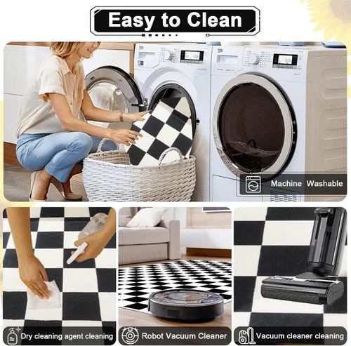 Miniatura 4 de Alfombra a cuadros de 2 x 3 pies, alfombra negra y blanca moderna para entrada interior, alfombra pequeña lavable a cuadros para baño, alfombra