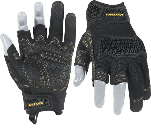 Miniatura 14 de HANDLANDY Guantes tácticos de impacto sin dedos para hombre, guantes de trabajo con agarre acolchado de medio dedo, guantes de conductor de Verde