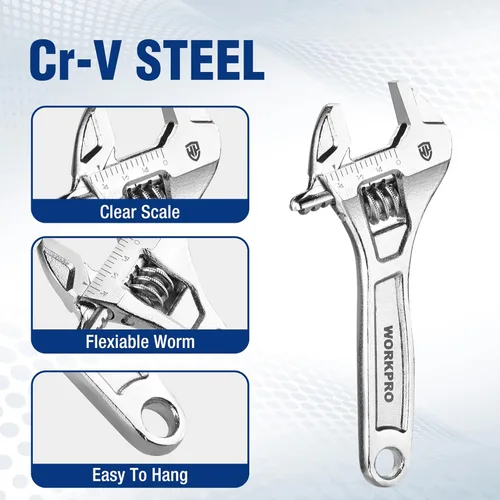 Miniatura 6 de WORKPRO - Llave ajustable de 4 pulgadas de servicio pesado con escala imperial y métrica, llave premium de acero Cr-V, cromada