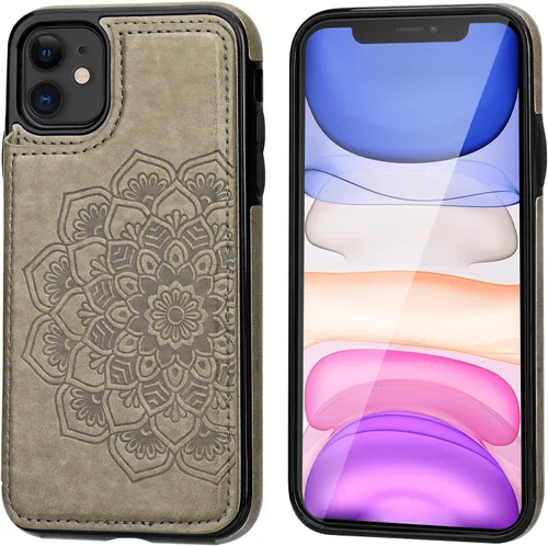 Miniatura 3 de Vaburs Funda compatible con iPhone 11 con tarjetero y diseño de mandala en relieve, piel sintética de alta calidad, doble botones magnéticos, a Gris