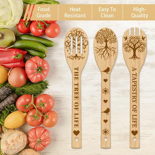 Miniatura 4 de GLOBLELAND Juego de 6 cucharas de madera del árbol de la vida, juego de utensilios de cocina de bambú para mujeres y hombres, juego de espátulas