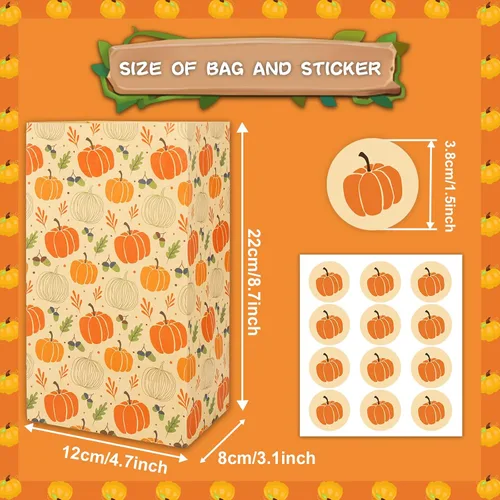 Miniatura 2 de Whaline 36 bolsas de regalo de fiesta de otoño, hojas de calabaza, bolsas de regalo de papel kraft con etiquetas, calcomanías de agradecimiento