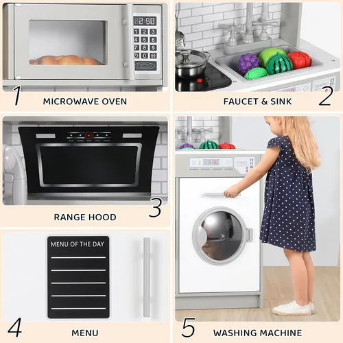 Miniatura 4 de MAMIZO Cocina de juego para niños, cocina de juguete de chef de madera de simulación con lavadora, dispensador de agua, estufa, sonido y luz reales