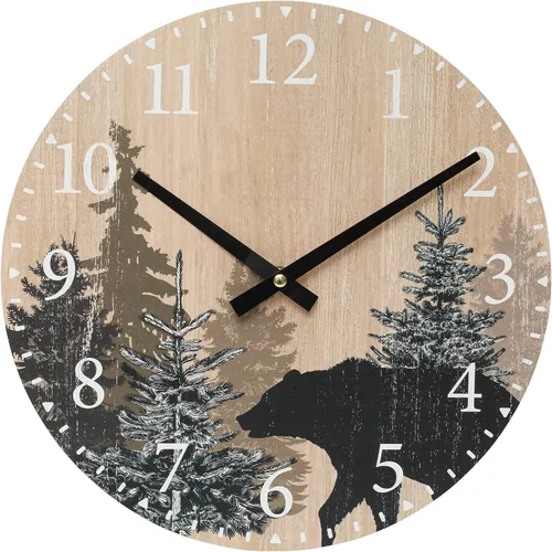 Miniatura 3 de SwallowLiving Reloj de pared con oso de cabaña, 12 pulgadas, silencioso, sin tictac, bosque de madera, vida silvestre, montaña, cabaña, reloj