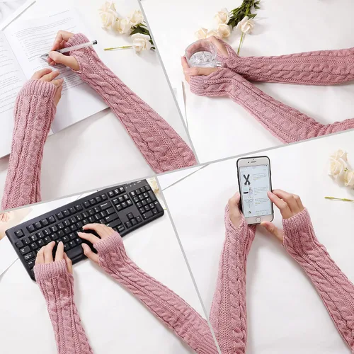 Miniatura 12 de Bellady Guantes de invierno para mujer, cálidos sobre el codo, guantes largos sin dedos con agujero para el pulgar, guantes de punto para calentar