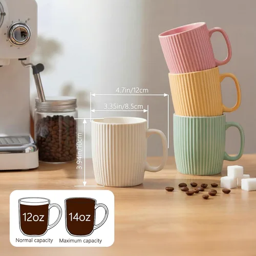 Miniatura 2 de Juego de 4 tazas de café de cerámica de 14 onzas, modernas tazas de café a rayas acanaladas con asas grandes para café con leche, té, cacao