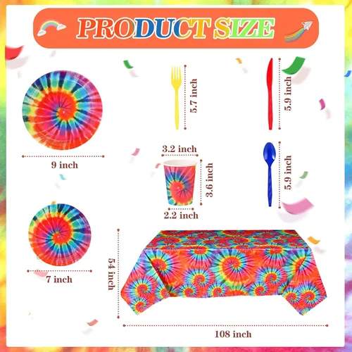 Miniatura 4 de Yaomiao Juego de vajilla de 171 piezas con diseño de teñido anudado para decoración de cumpleaños, para fiestas, incluye 24 unidades, incluye