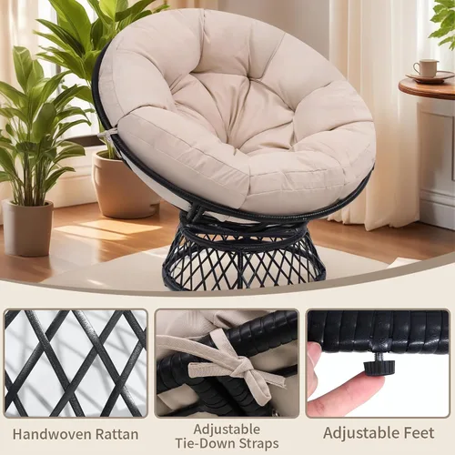 Miniatura 4 de KROFEM Silla Papasan Gigante de Ratán Ergonómica Extragrande de 46" con Cojín Suave y Grueso para Adultos, Giro Fluido de 360°, Resistente al Agua