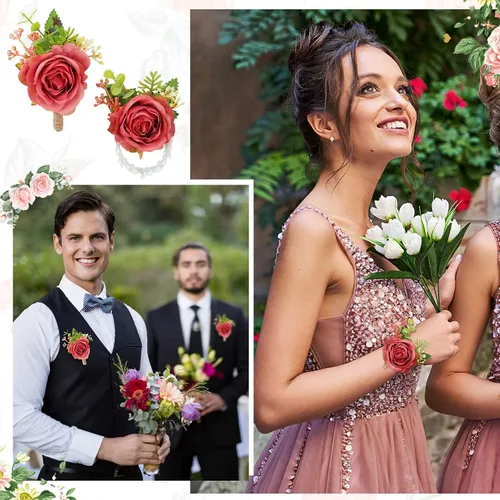 Miniatura 4 de Sherr Juego de 20 ramilletes de rosas y boutonniere, ramillete de muñeca de flores, pulsera de pulsera para novio y hombre, boutonniere de boda